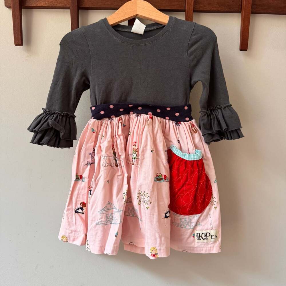 K Pea Dress Size 24M Charcoal Grey Pink Farm Print Ruffle